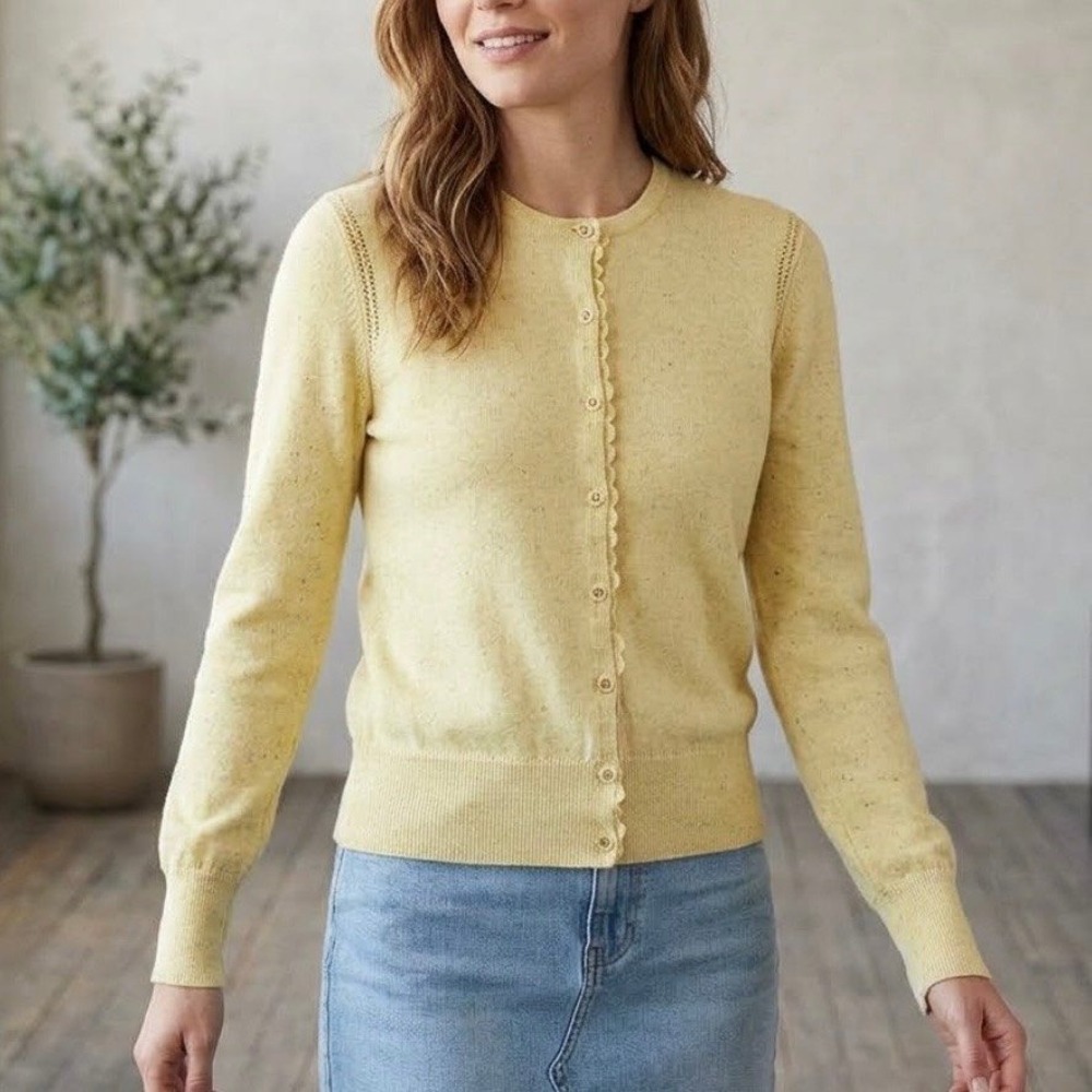 CAbi Sunny Speckled Cardigan Sweater Lace Trim Yellow Womens Size S